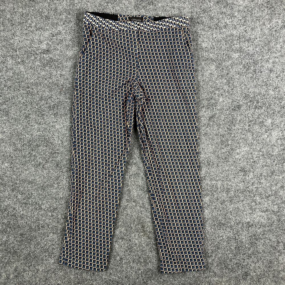 Topshop Pants Womens Size 2 Navy Tan Geometric Grid Slim Cropped Stretch Pants